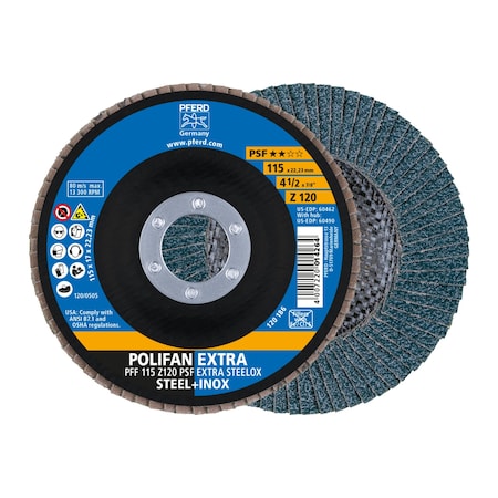 Pferd 4-1/2" x 7/8" A.H. POLIFAN Flap Disc - Z PSF EXTRA STEELOX, Zirconia, 120 Grit, Flat 60462